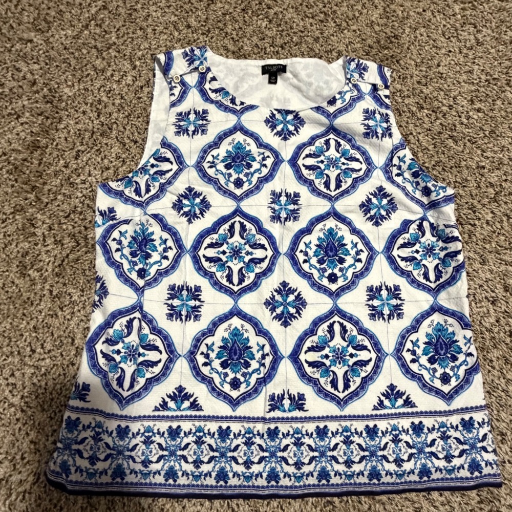 Talbots Petites Blue White Tile Print Cotton Sleeveless Shell Top 12P Side Zip‎